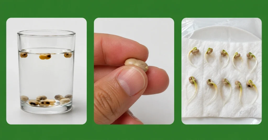 Illustration showing three seed viability tests: float test in water, squeeze test by hand, and paper towel germination test with sprouted seeds.