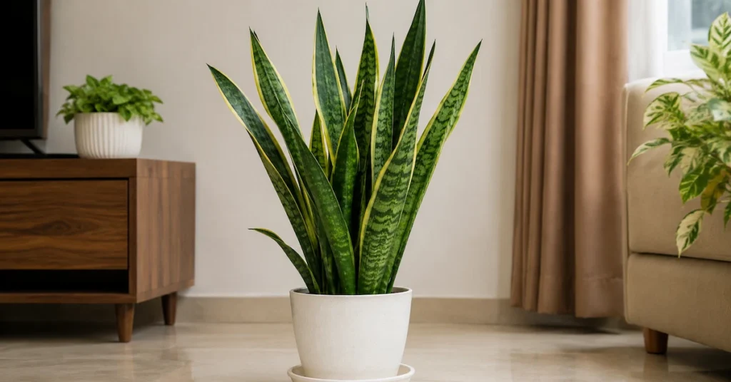 Healthy snake plant growing in a white pot inside a bright Indian home with natural indirect sunlight.