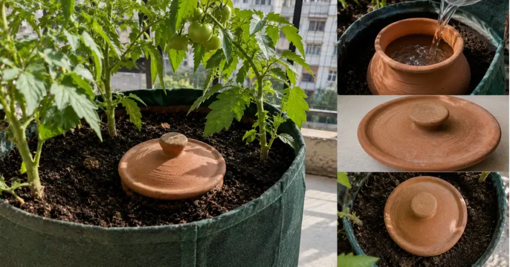 Collage showing a buried unglazed terracotta matka pot in a grow bag next to tomato plants, filling it with water, and covering with a clay lid for DIY olla irrigation.