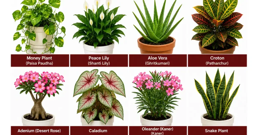 A photo grid showcasing eight common plants toxic to cats and dogs in India, including Money Plant, Peace Lily, Aloe Vera, Croton, Adenium Desert Rose, Caladium, Oleander Kaner, and Snake Plant.